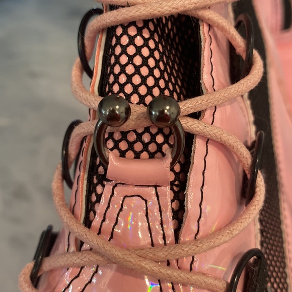 Goth Mid-calf Pink Hologram Platform Lace-up, Zip-up Combat Boots - Picture 9 of 10